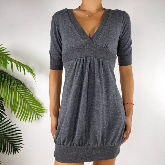 Womens Vintage Y2K Gray Casual Indie Minimal Coquette Short Sleeve Mini Dress /S - Picture 4 of 7